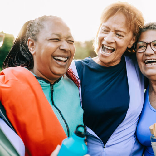 Multiracial sport senior women having fun together after exercise workout outdoor at city park